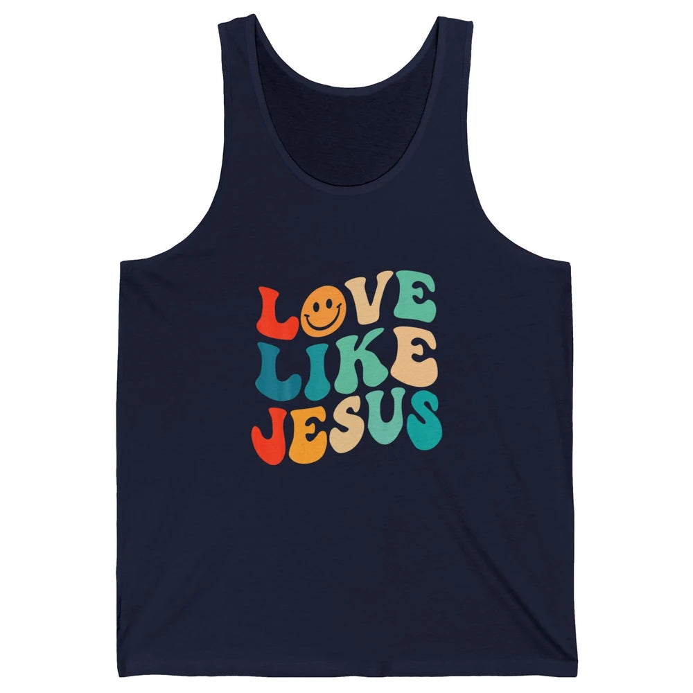 Retro Groovy Love Like Jesus Smiling Face Christ Faith God Unisex Jersey Tank