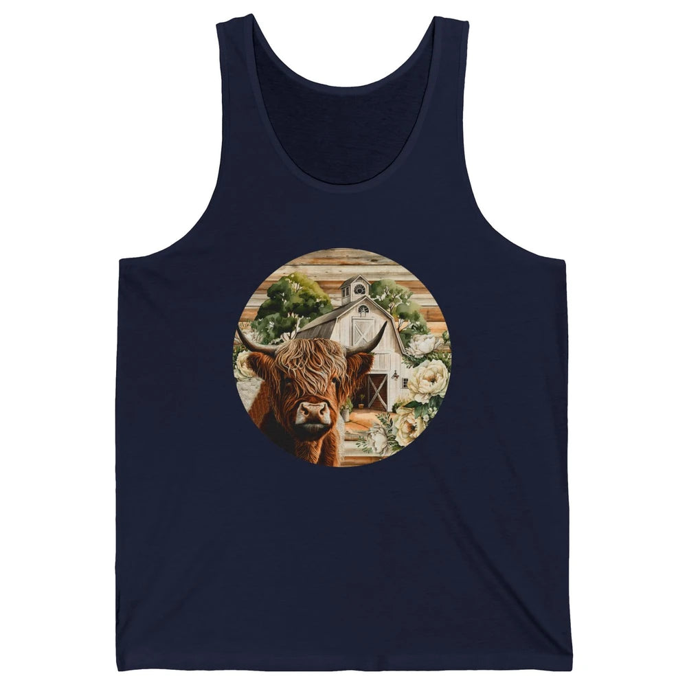 Retro Farm Highland Cow Barn House Western Country Farmer Unisex Jersey Tank