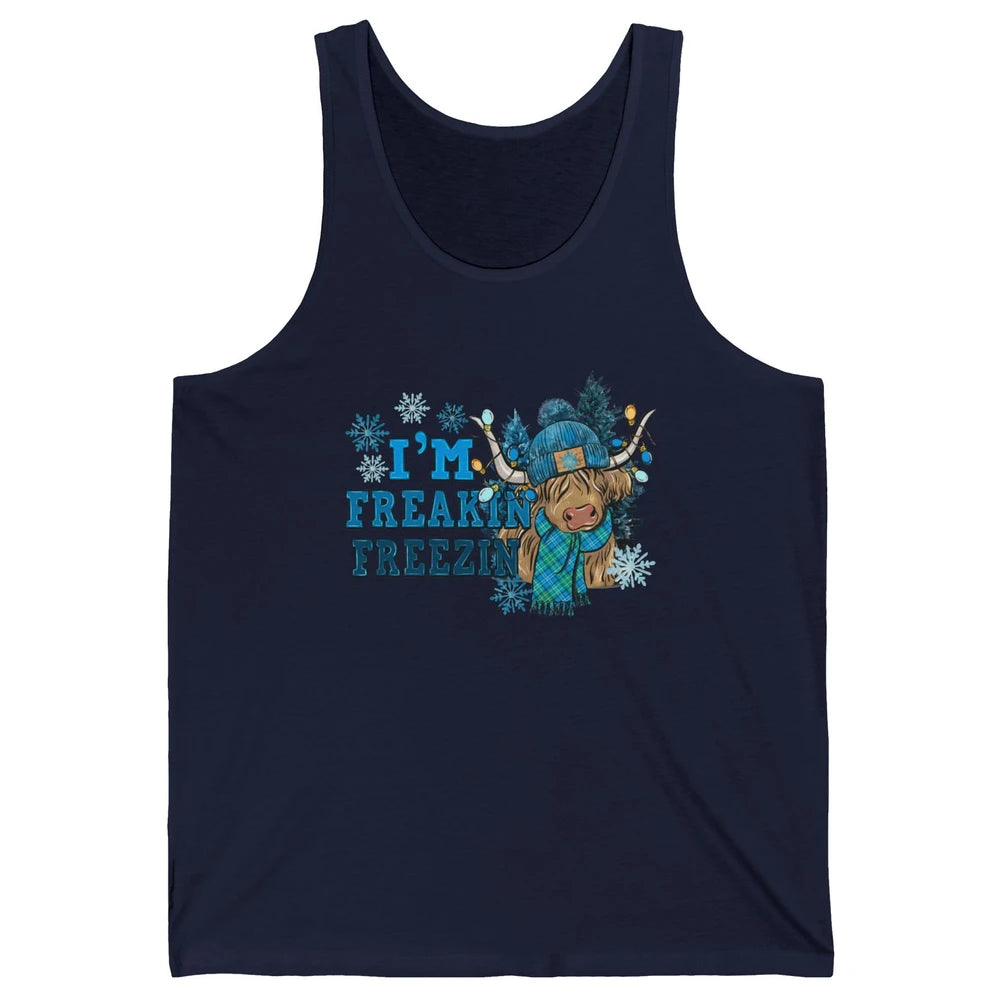 Funny Christmas Highland Cow I'm Freaking Freezing Western Unisex Jersey Tank