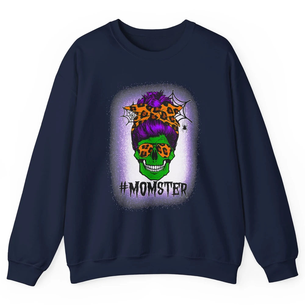 Retro Momster Messy Bun Skull Mom Halloween Spooky Mama Goth Unisex Crewneck Sweatshirt