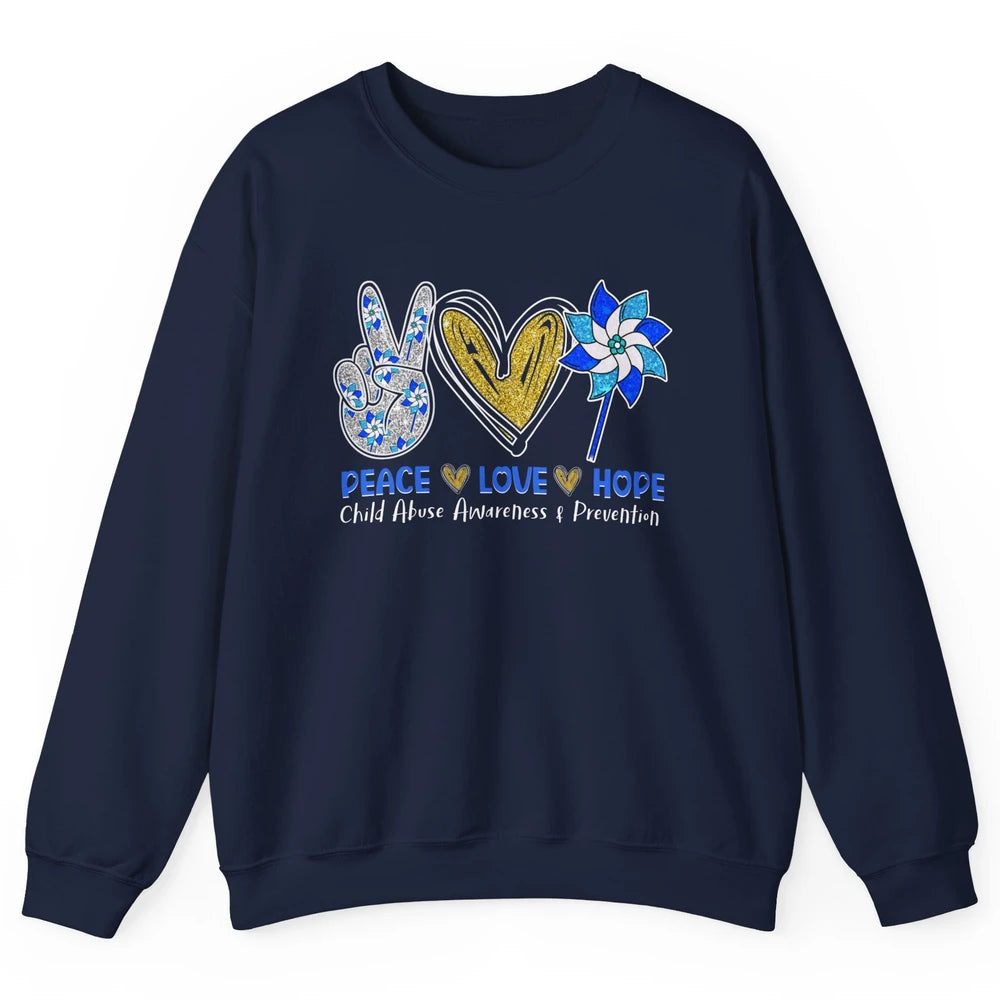 Peace Love Leopard Pinwheel Child Abuse Prevention Month Unisex Crewneck Sweatshirt