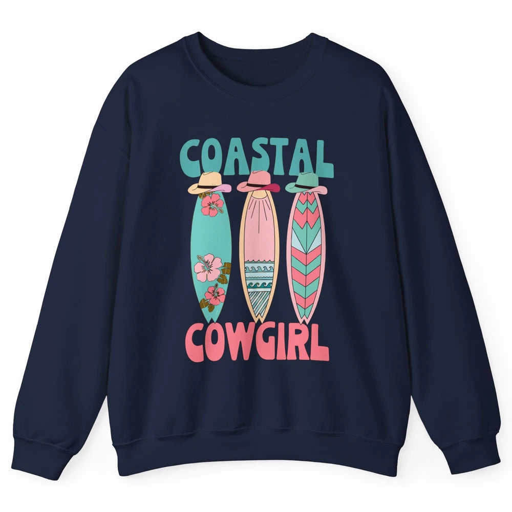 Retro Coastal Cowgirl Surfboards Western Cowgirl Beach Life Unisex Crewneck Sweatshirt