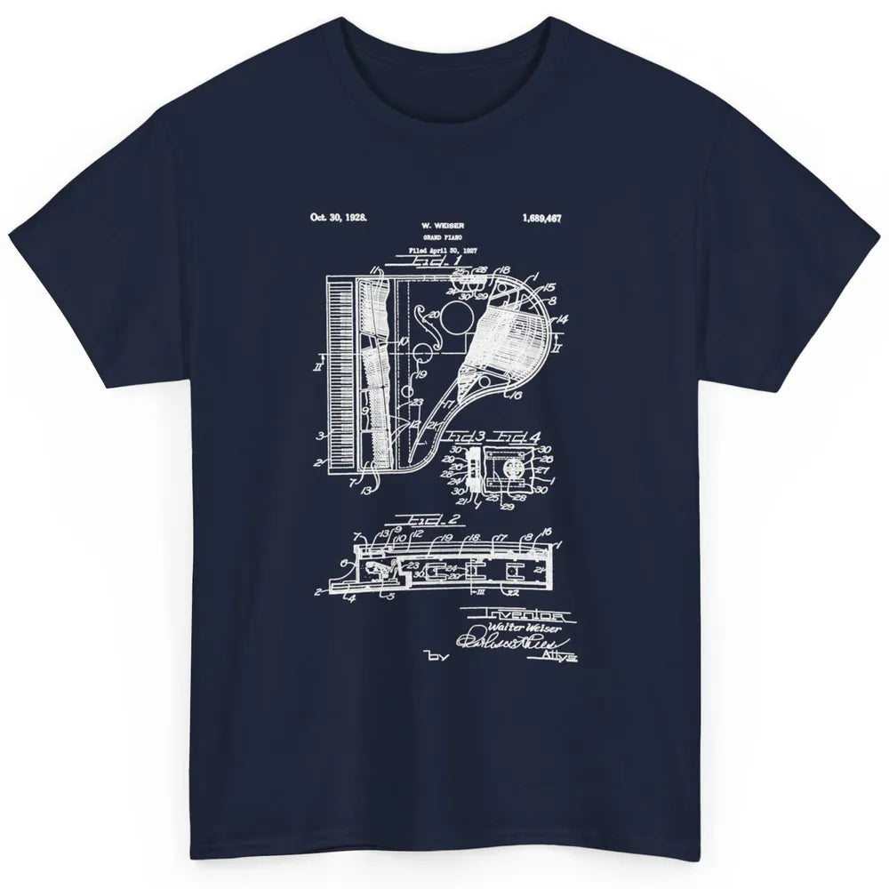 Piano Patent Style Vintage Grand Pianist Line Art Drawing Classic Unisex T-Shirt