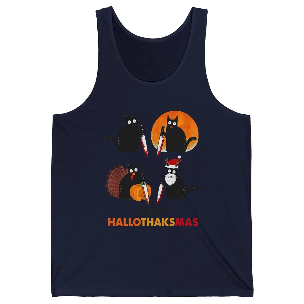Funny Murderous Cat Turkey Hallo-thank-mas Thanksgiving Xmas Unisex Jersey Tank