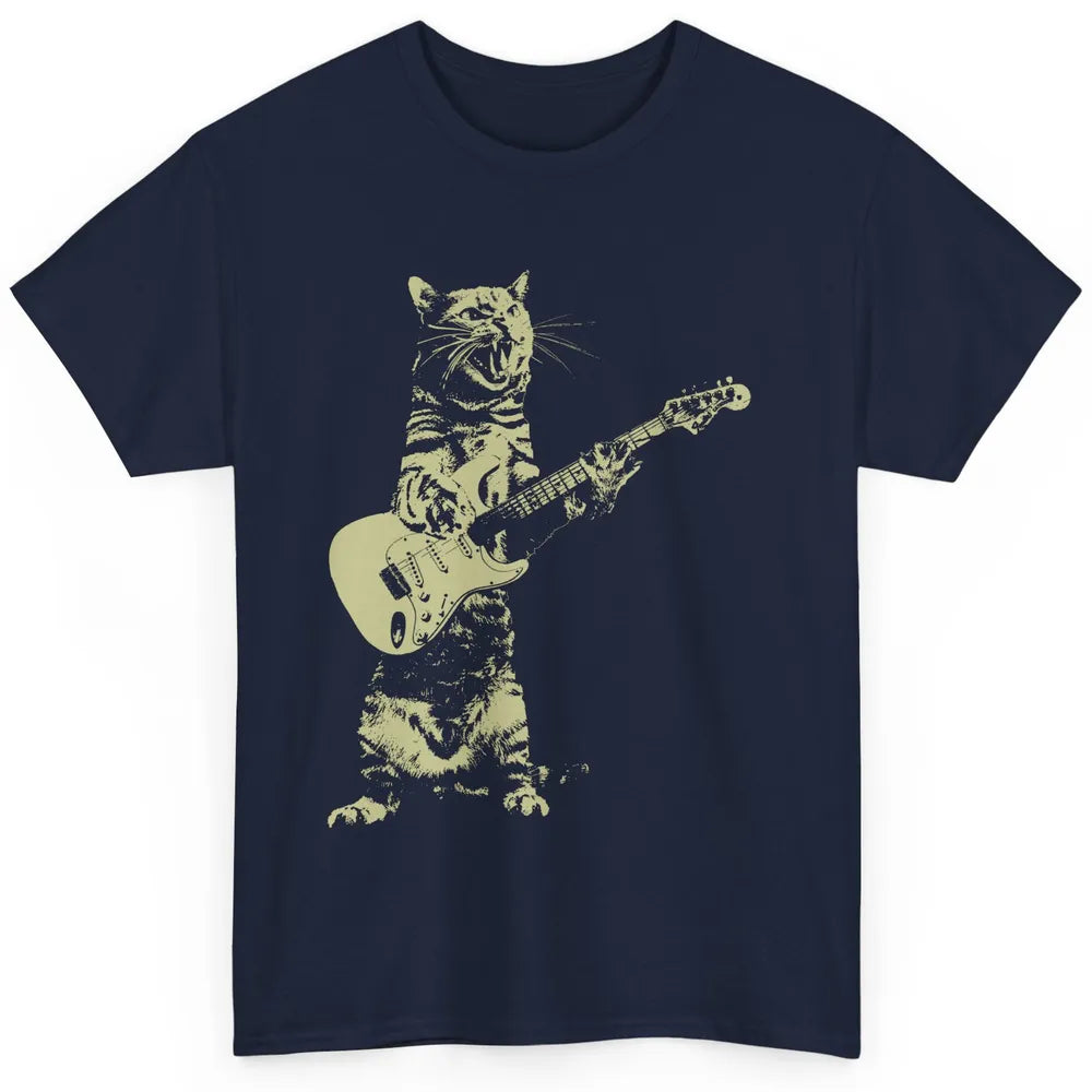 Retro Cat Playing Guitar Cat Guitarist Music Lovers Cat Mom Classic Unisex T-Shirt