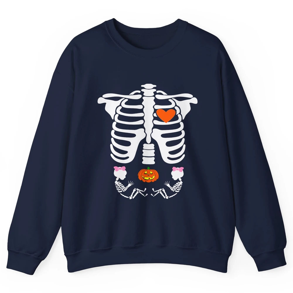Pregnant Halloween Skeleton Baby Twins Witch Pumpkin Costume Unisex Crewneck Sweatshirt