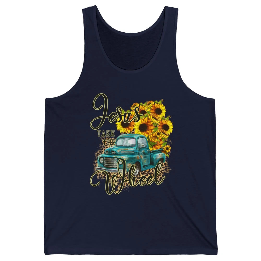 Sunflower Jesus Take The Wheel Christian Gift Leopard Print Unisex Jersey Tank