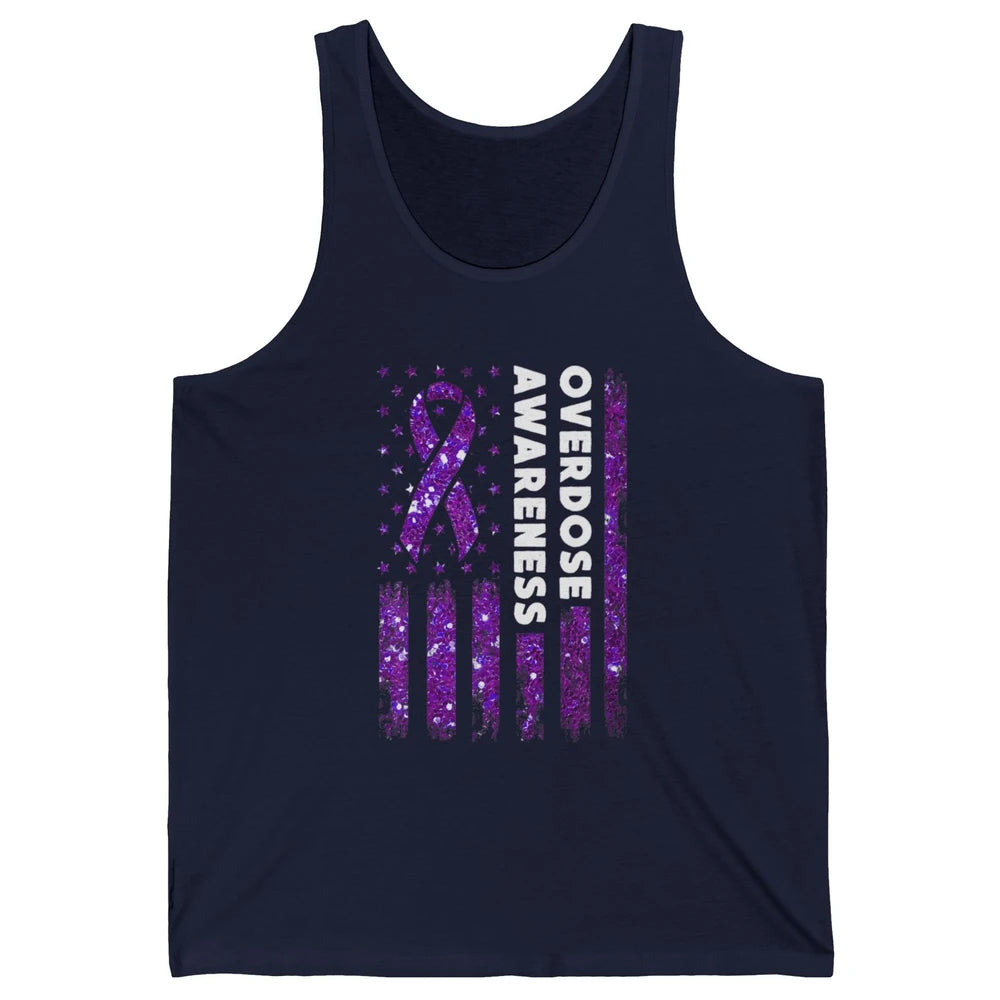Overdose Awareness US Flag Purple Ribbon Addiction Warrior Unisex Jersey Tank