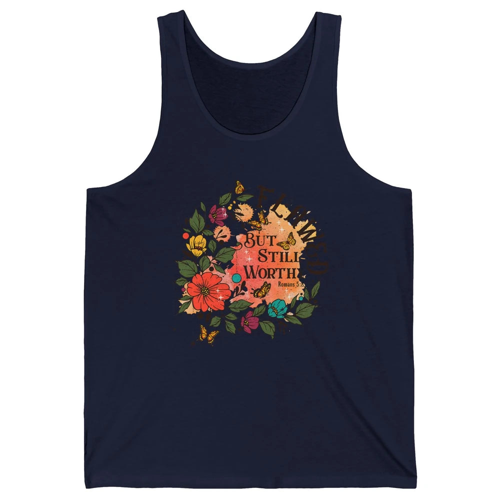 Retro Floral Flawed But Still Worthy Bible Verse Christian Unisex Jersey Tank