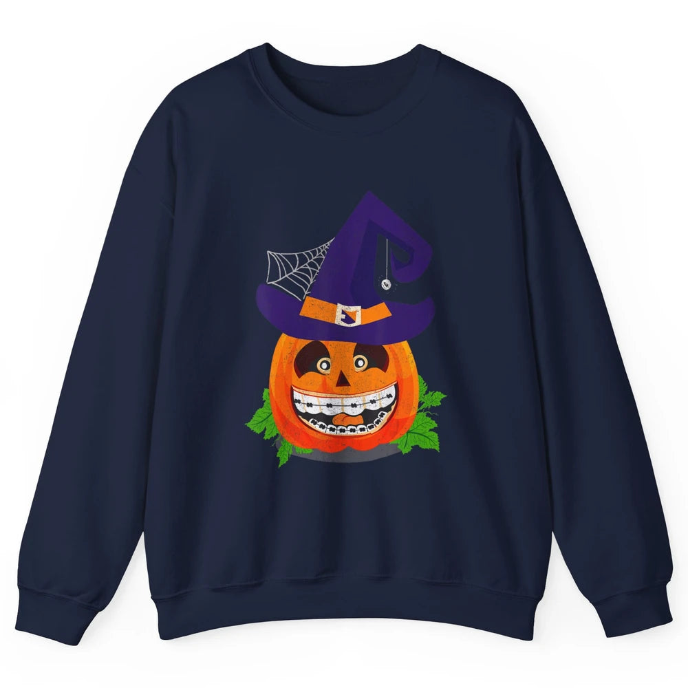 Pumpkin Witch Teeth Braces Dental Dentist Halloween Spooky Unisex Crewneck Sweatshirt