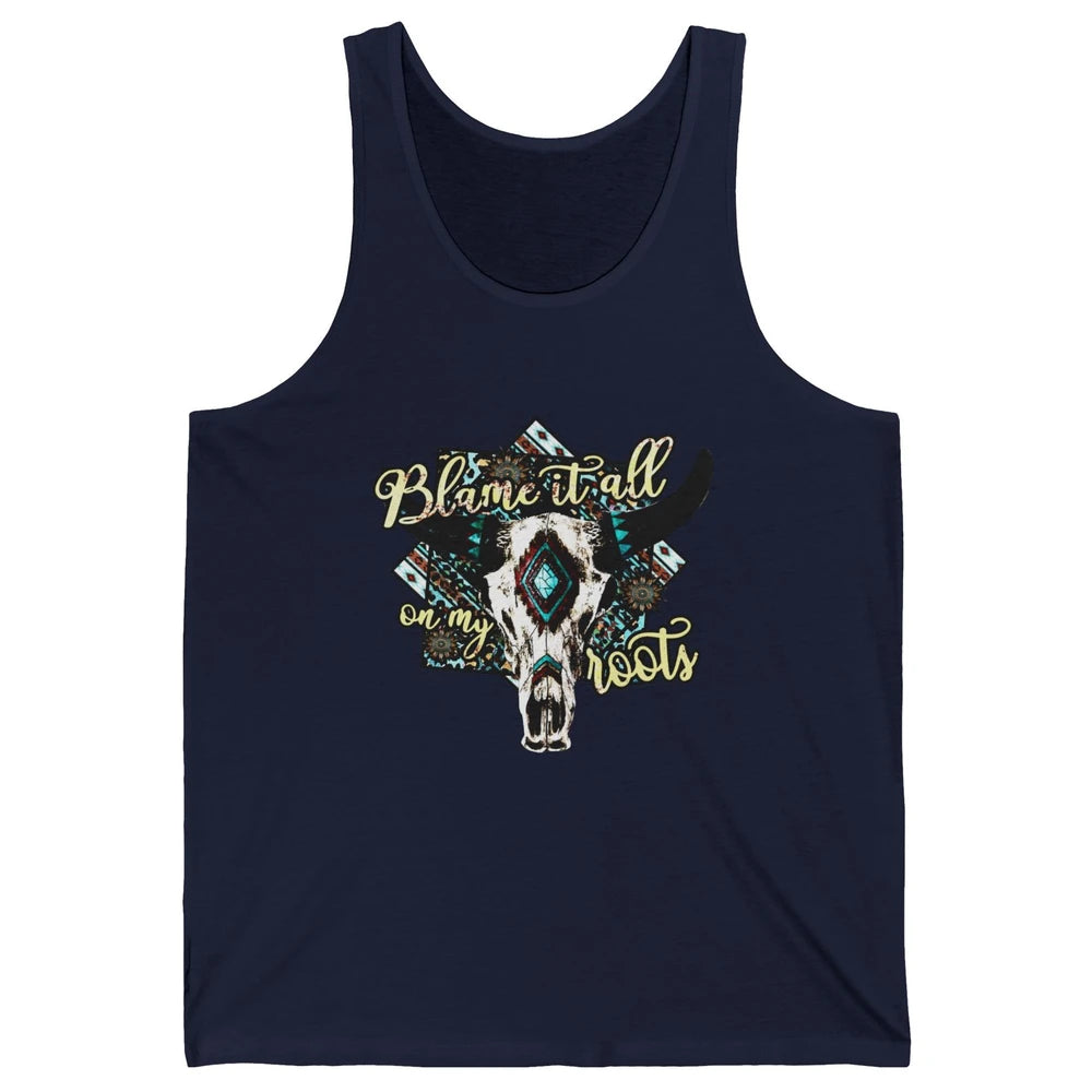 Retro Boot Blame It All On My Root Cow Skull Western Cowboy Unisex Jersey Tank