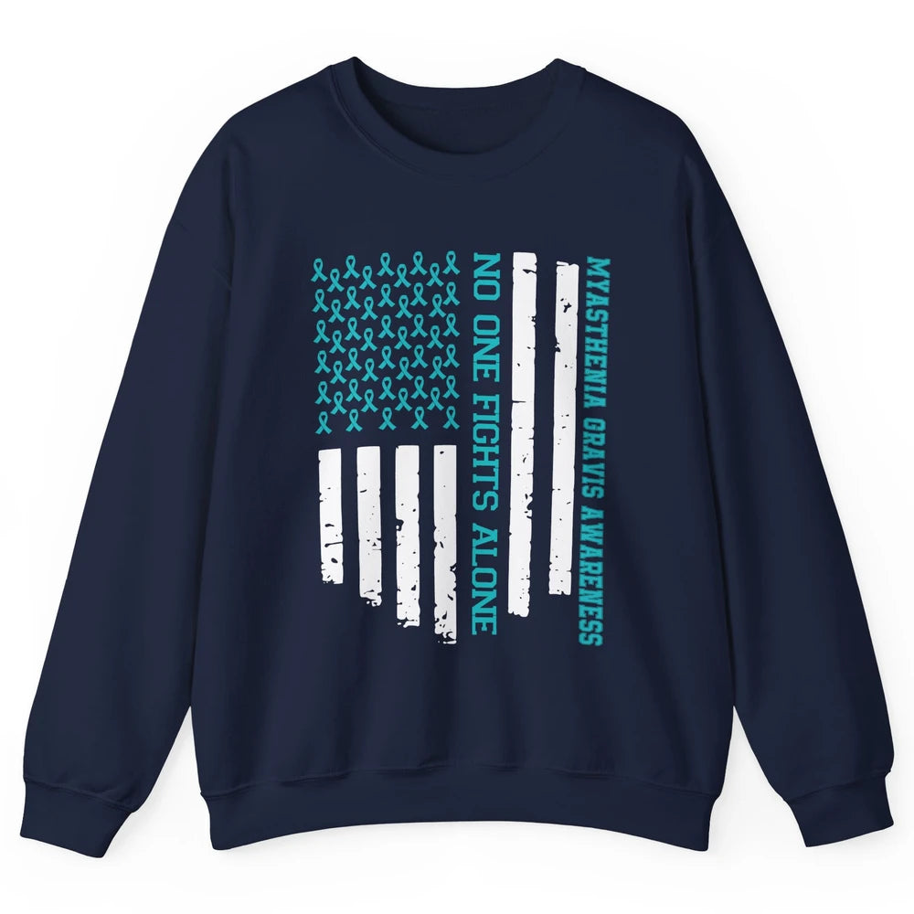 Myasthenia Gravis Awareness Teal Ribbon No One Fight Alone Unisex Crewneck Sweatshirt