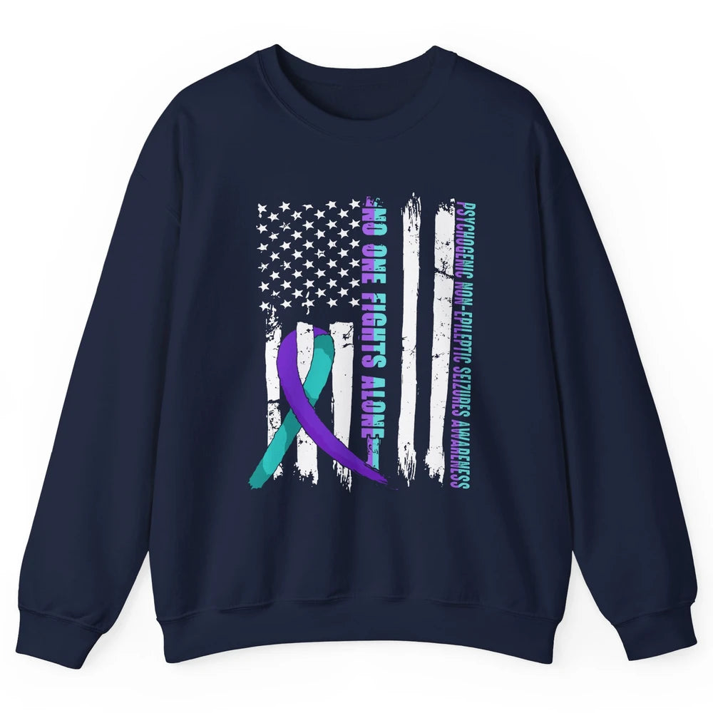 PNES Awareness Purple Teal Ribbon No One Fight Alone US Flag Unisex Crewneck Sweatshirt