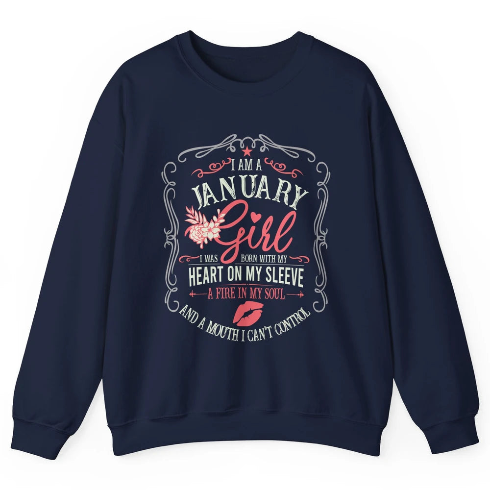 Retro January Girl Born With My Heart On My Sleeve Birthday Unisex Crewneck Sweatshirt