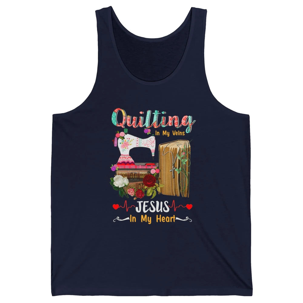Quilting In My Veins Jesus In Heart Christian Retro Quilt Unisex Jersey Tank