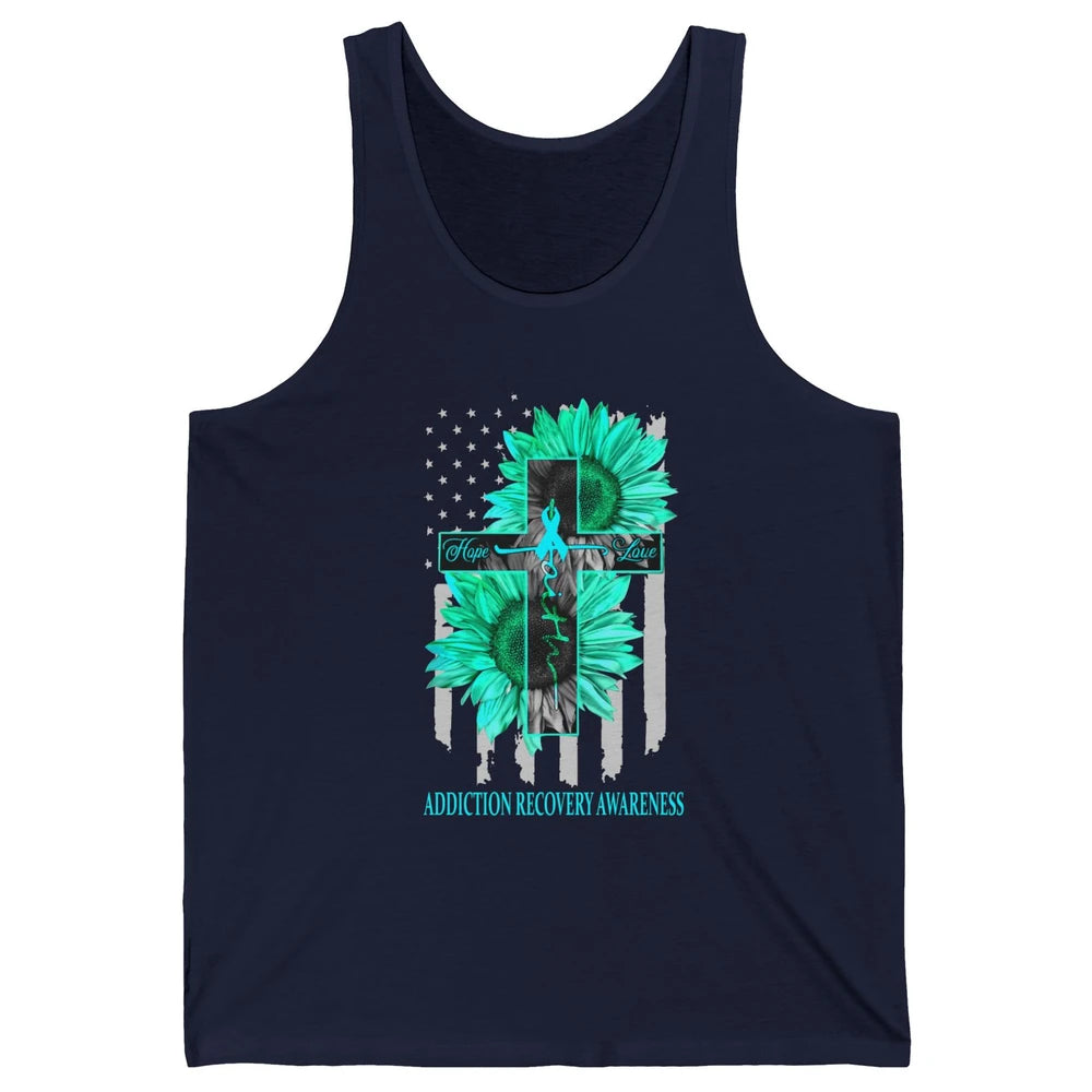 Addiction Recovery Faith Hope Love Teal US Flag Jesus Cross Unisex Jersey Tank