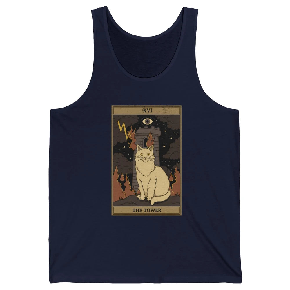 Retro Halloween Cat Witch The Tower Tarot Card Witchcraft Unisex Jersey Tank