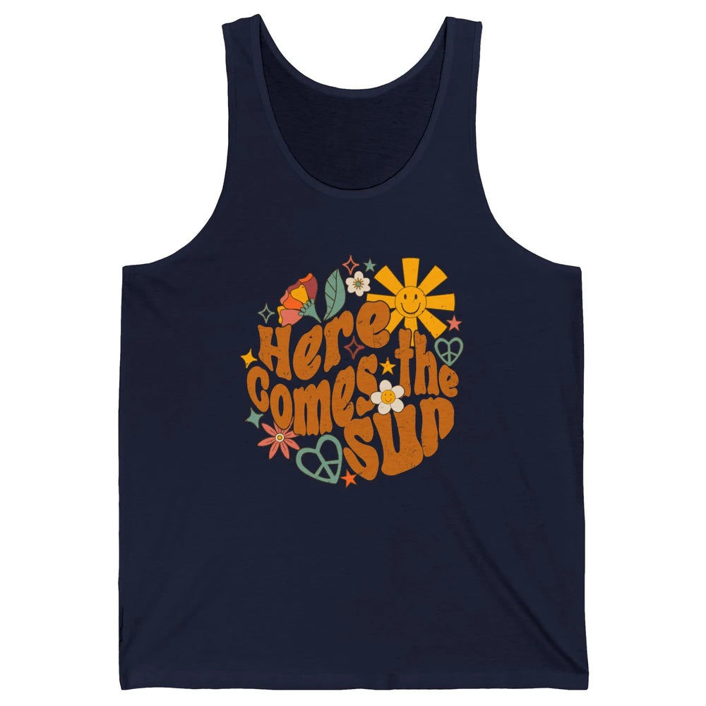 Retro Daisy Rainbow Sunrise Here Comes The Sun Hippie Girl Unisex Jersey Tank