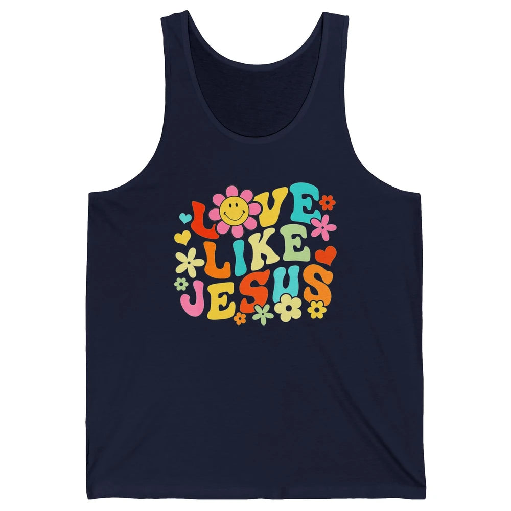 Retro Groovy Love Like Jesus Smiling Face Daisy Boho God Unisex Jersey Tank