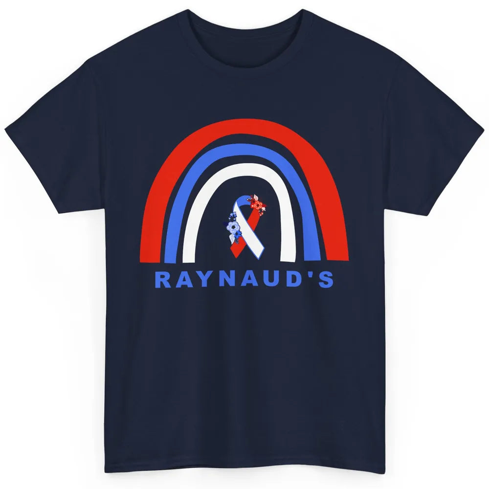Raynaud's Syndrome Awareness Floral Red Blue Ribbon Rainbow Classic Unisex T-Shirt