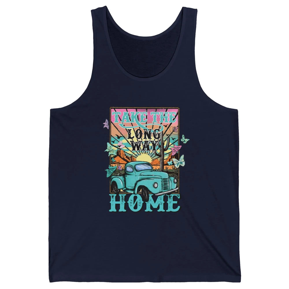 Retro Mountain Sunset Take The Long Way Home Western Country Unisex Jersey Tank