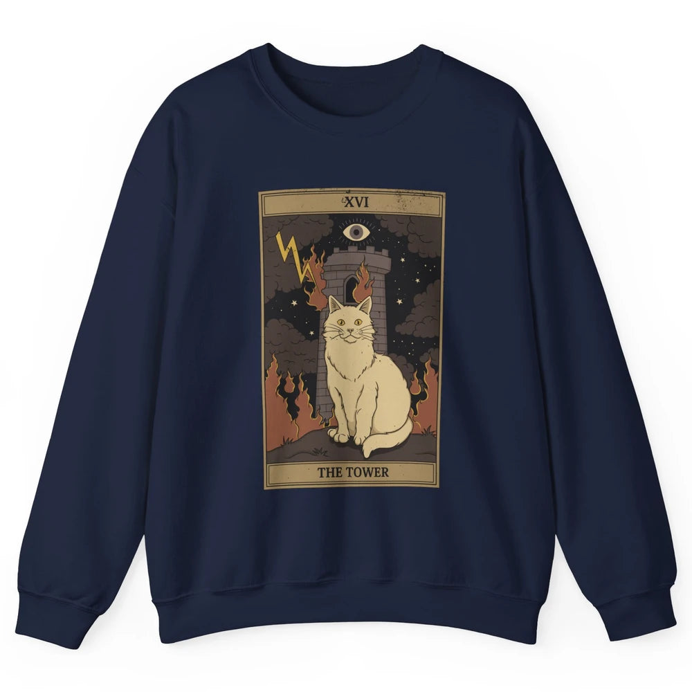 Retro Halloween Cat Witch The Tower Tarot Card Witchcraft Unisex Crewneck Sweatshirt