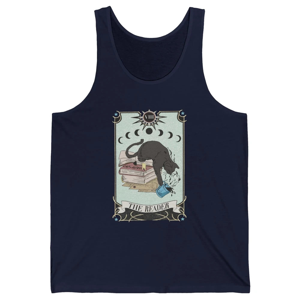 Retro Black Cat Books The Reader Tarot Card Halloween Reading Book Crescent Moon Unisex Jersey Tank