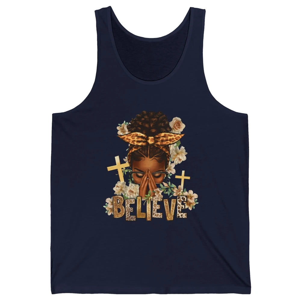 Floral Leopard Afro Messy Bun Believe Christian Religious Unisex Jersey Tank