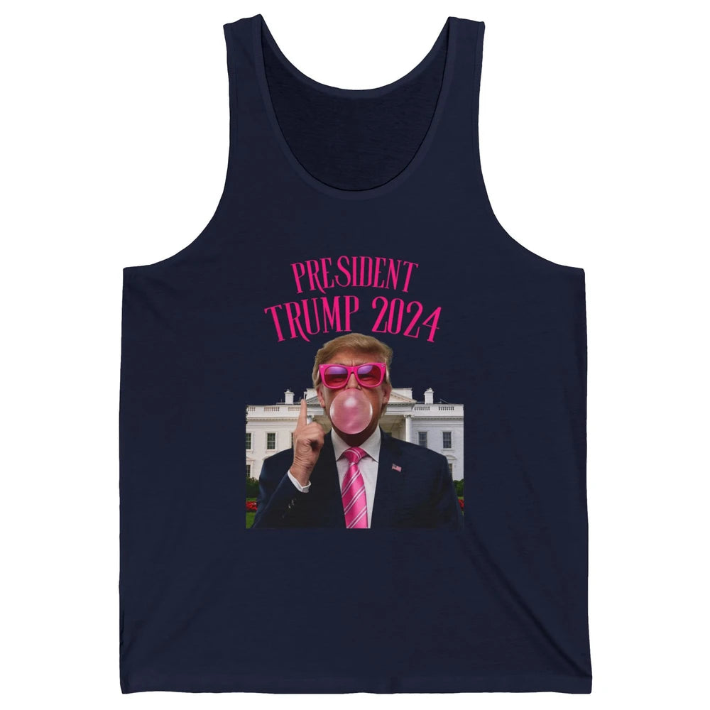 President Trump 2024 Blowing Bubble Gum Funny Trump Won Sarcastic Chewing Gum Pink Sunglasses Political Unisex Jersey Tank