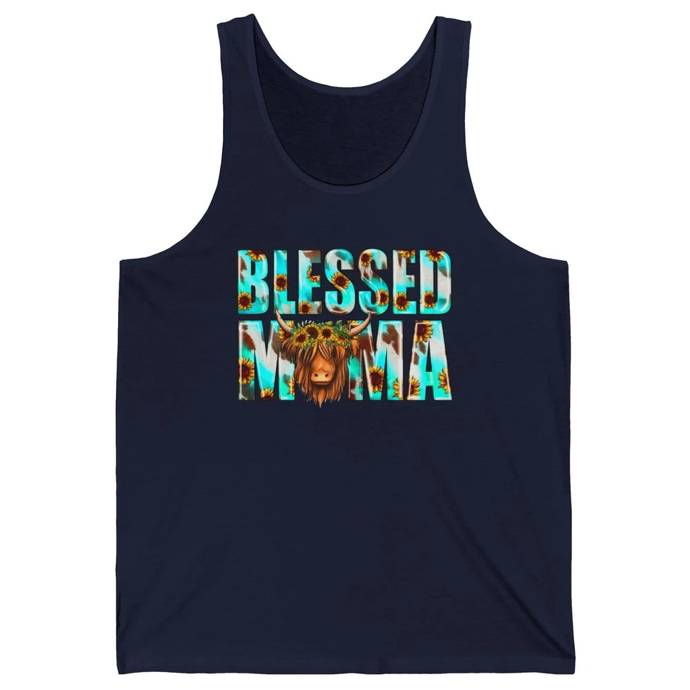 Retro Sunflower Highland Cow Blessed Mama Western Cow Mama Unisex Jersey Tank
