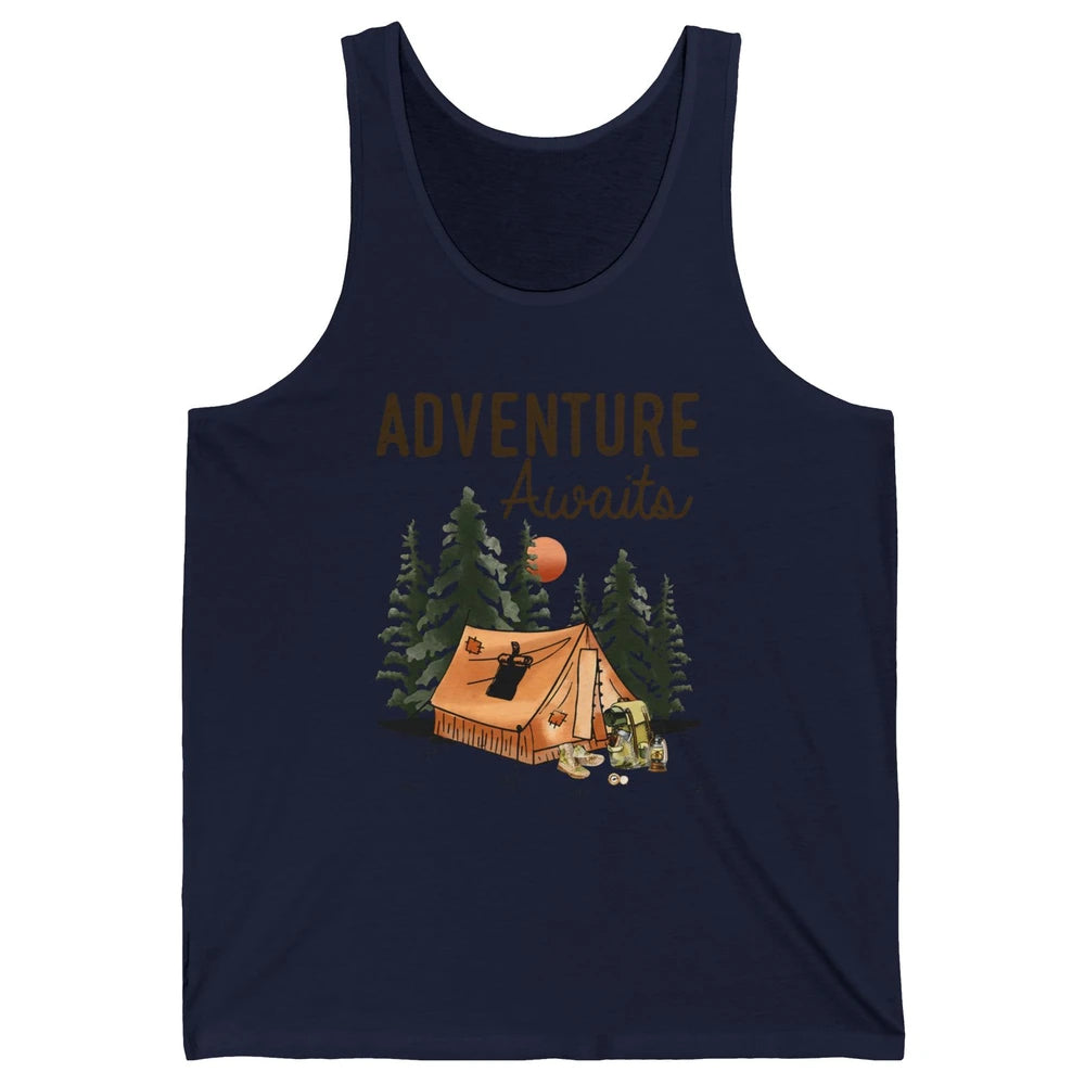Retro Camping Tent Mountain Sunset Adventure Awaits Campers Unisex Jersey Tank