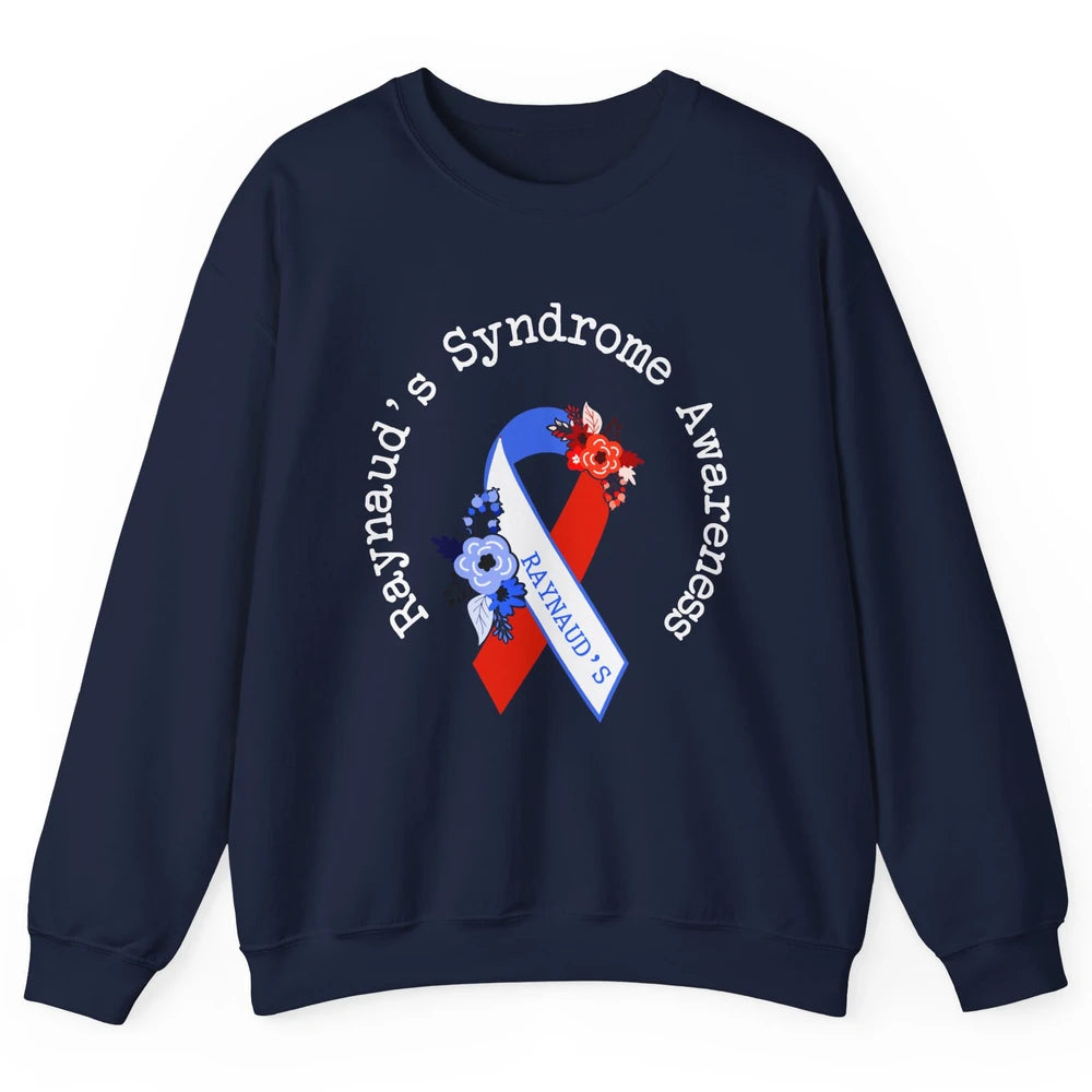 Raynaud's Syndrome Awareness Support Floral Red Blue Ribbon Unisex Crewneck Sweatshirt