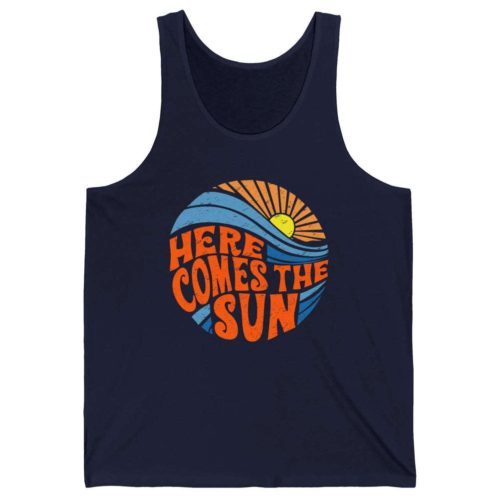 Retro Rainbow Sunrise Here Comes The Sun Hippie Girl Unisex Jersey Tank