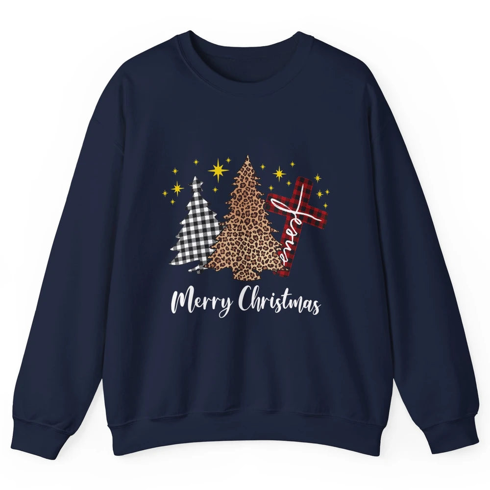 Merry Christmas Xmas Tree Cross Red Plaid Christian Leopard Unisex Crewneck Sweatshirt