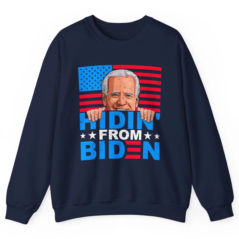 Retro Funny Joe Biden Hiding From Biden Anti Liberal US Flag Unisex Crewneck Sweatshirt
