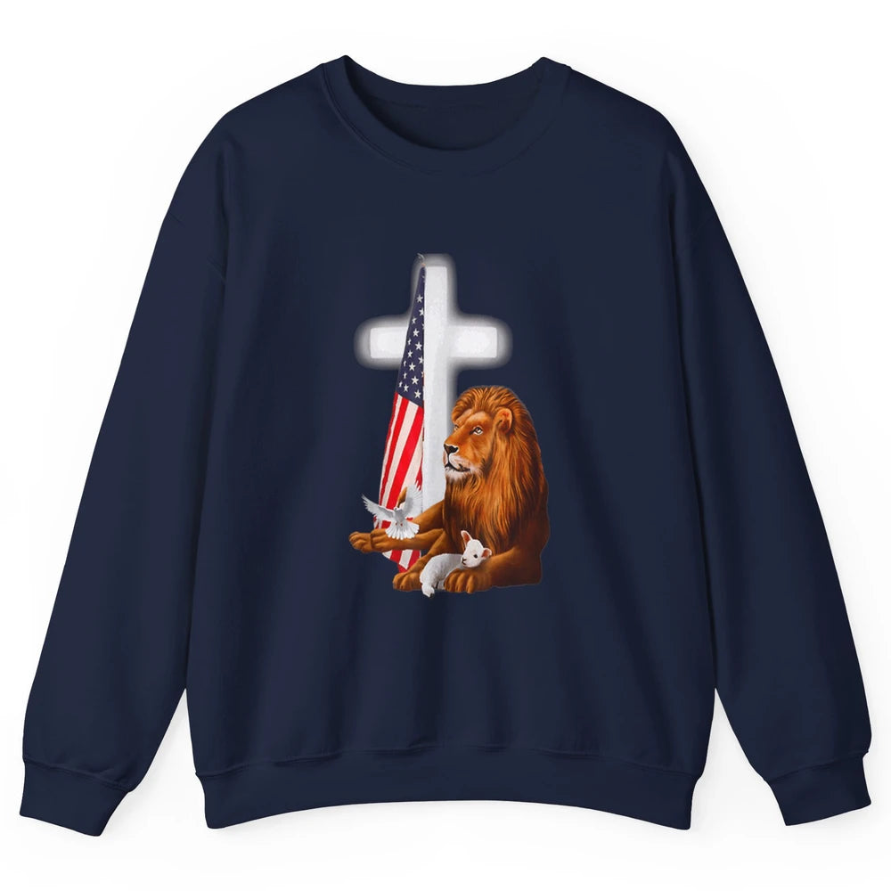 Patriotic Christian Lamb Bible Verse Lion Cross Religious Unisex Crewneck Sweatshirt