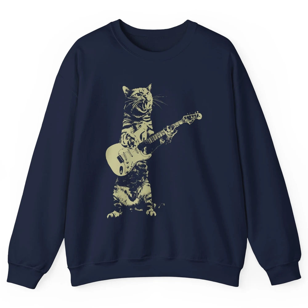 Retro Cat Playing Guitar Cat Guitarist Music Lovers Cat Mom Unisex Crewneck Sweatshirt