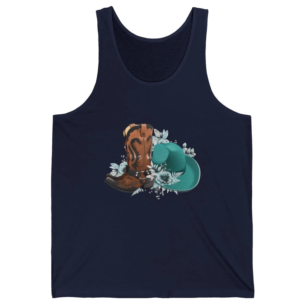 Retro Cowgirl Floral Turquoise Cowboy Boots Rodeo Western Unisex Jersey Tank