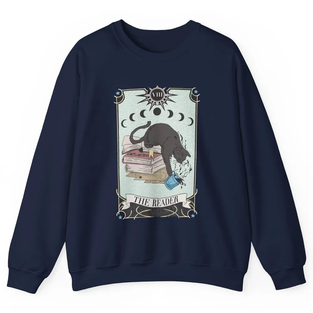 Retro Black Cat Books The Reader Tarot Card Halloween Reading Book Crescent Moon Unisex Crewneck Sweatshirt