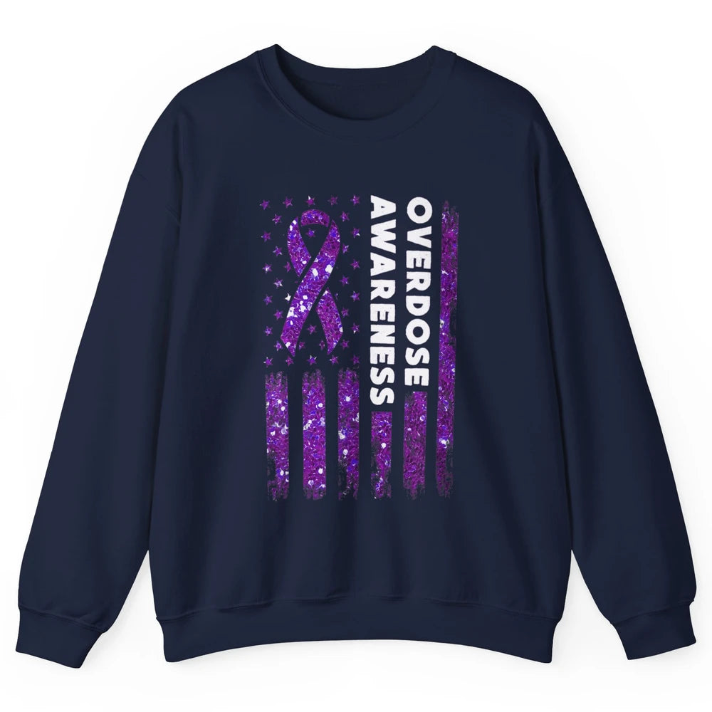 Overdose Awareness US Flag Purple Ribbon Addiction Warrior Unisex Crewneck Sweatshirt