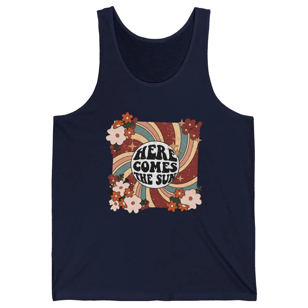 Retro Rainbow Sunrise Here Come The Sun Hippie Inspirational Unisex Jersey Tank