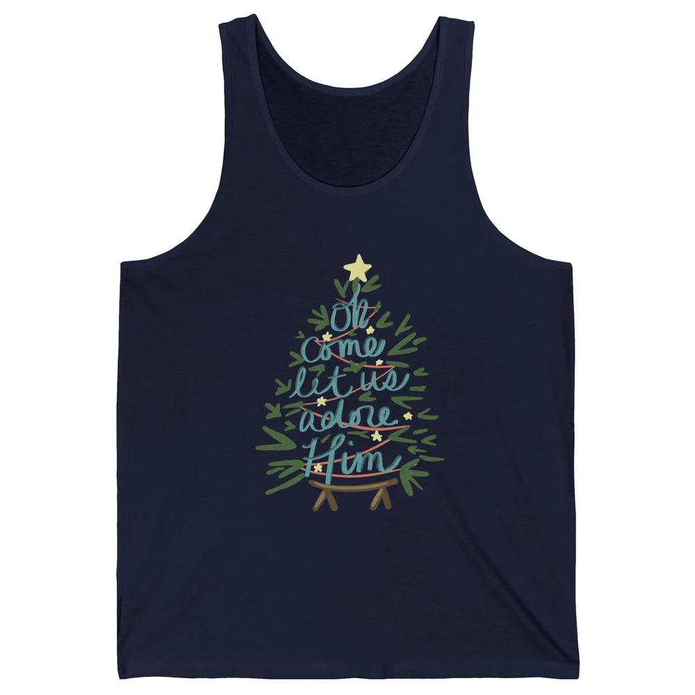 Oh Come Let Us Adore Him Groovy Christmas Tree Church Xmas Unisex Jersey Tank