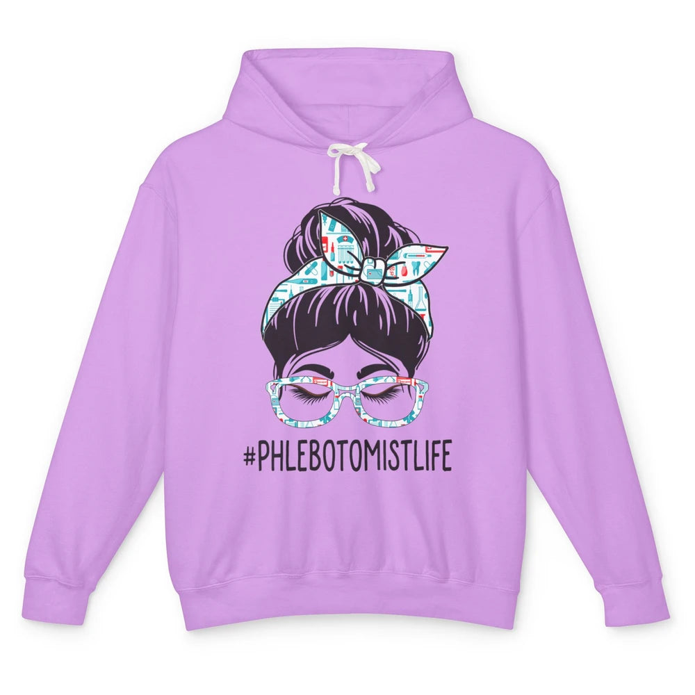 Phlebotomist Messy Hair Bun Vein Lab Woman Phlebotomy Nurse Unisex Lightweight Hoodie