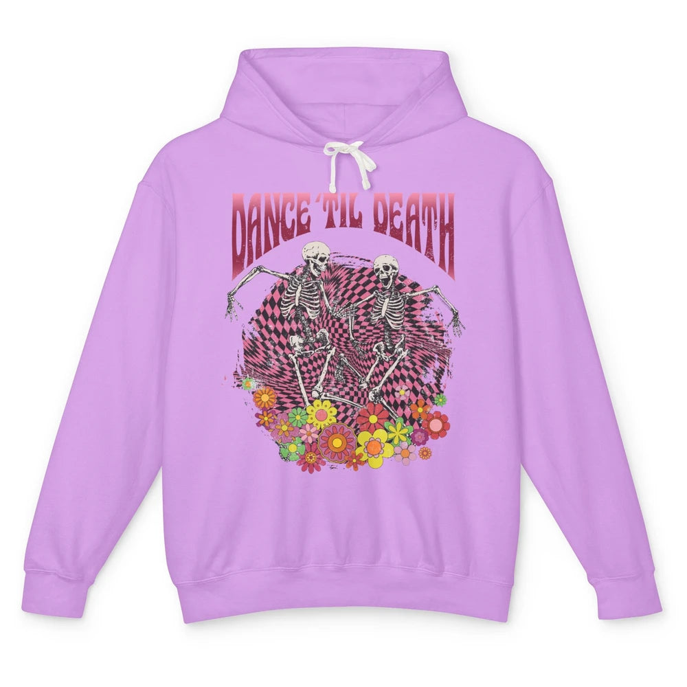 Retro Dancing Skeletons Dance Til Death Groovy Daisy Floral Unisex Lightweight Hoodie