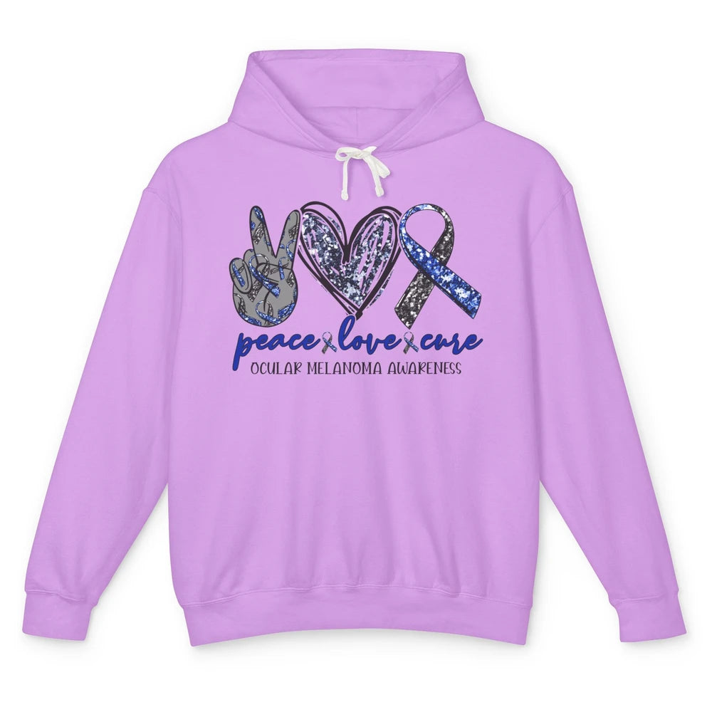 Ocular Melanoma Awareness Peace Love Cure Blue Ribbon Unisex Lightweight Hoodie