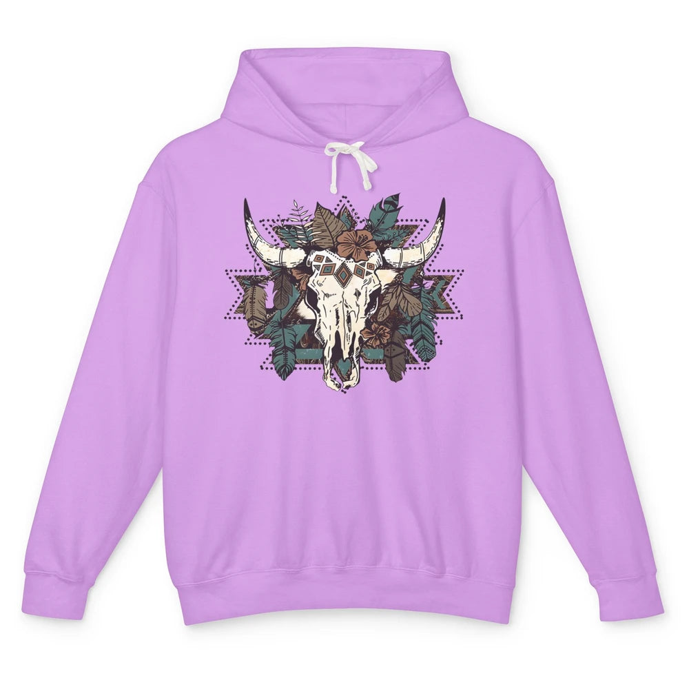 Retro Boho Bull Skull Aztec Desert Cactus Western Country Unisex Lightweight Hoodie