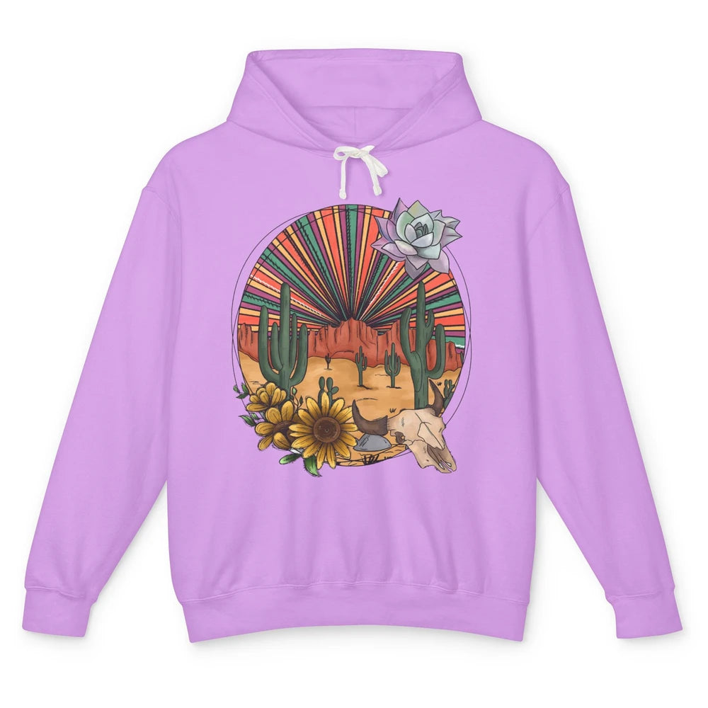 Retro Desert Western Cowboy Boho Skull Cactus Country Cowboy Unisex Lightweight Hoodie