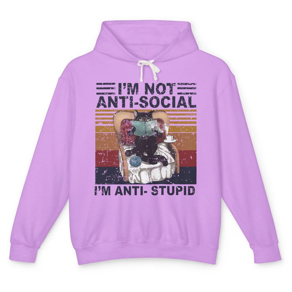 Retro Cat Reading I'm Not Anti-Social I'm Anti-Stupid Book Unisex Lightweight Hoodie