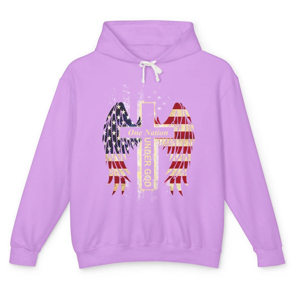 Patriotic One Nation Under God American Flag Faith Cross Unisex Lightweight Hoodie