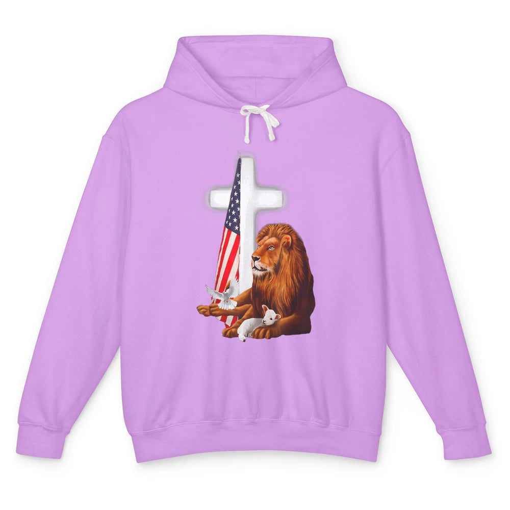Patriotic Christian Lamb Bible Verse Lion Cross Religious Unisex Lightweight Hoodie